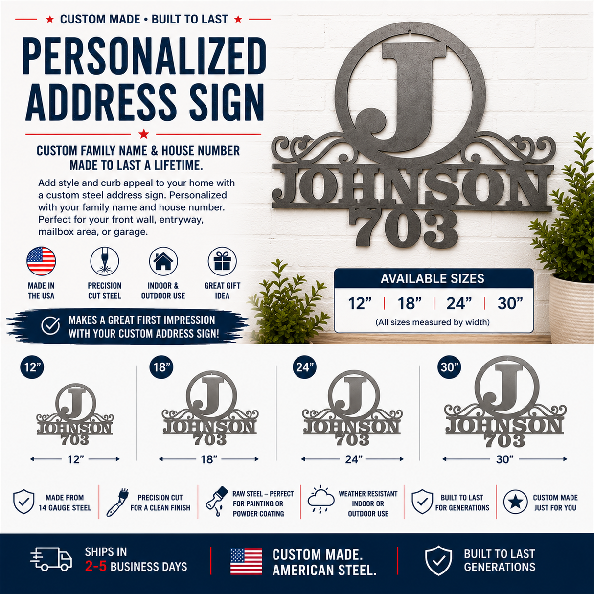 Personalized Steel Address Sign – Custom Family Name & House Number Sign – Raw Unpainted Steel – 12", 18", 24", 30"
