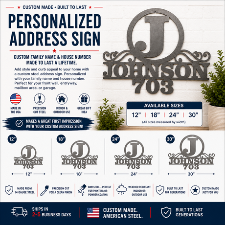 Personalized Steel Address Sign – Custom Family Name & House Number Sign – Raw Unpainted Steel – 12", 18", 24", 30"