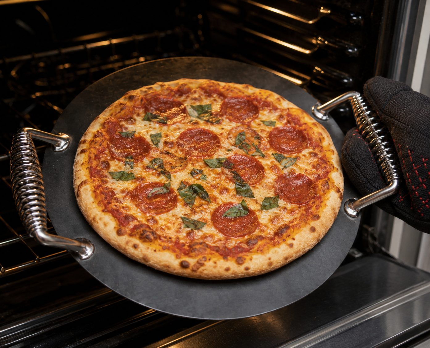 1/4" Steel Pizza Plate with Welded Spring Handles – Pre-Seasoned Cooking Steel for Pizza, Grill & Oven – USA Made Steel