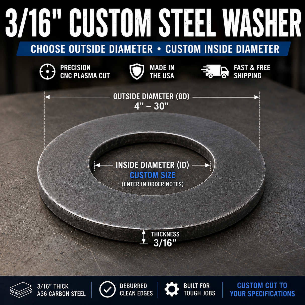 3/16" Steel Plate Washer – Custom Inside Diameter – Select OD Size