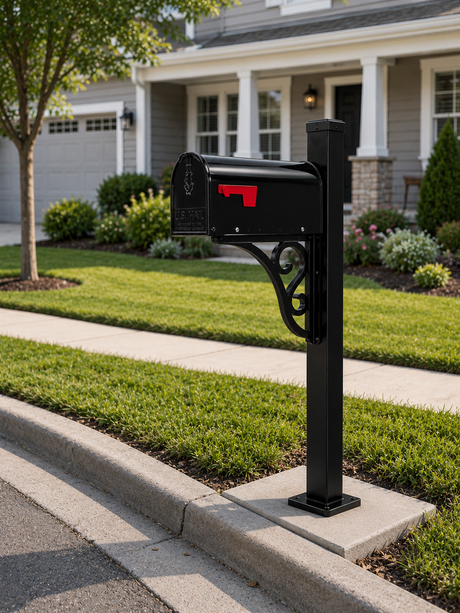 Custom Steel Mailbox Post with Mailbox Included – 3" x 3" Square Steel Tubing, Black Powder Coat Finish, Decorative Scroll Brackets, Surface Mount Base Plate, Made in USA