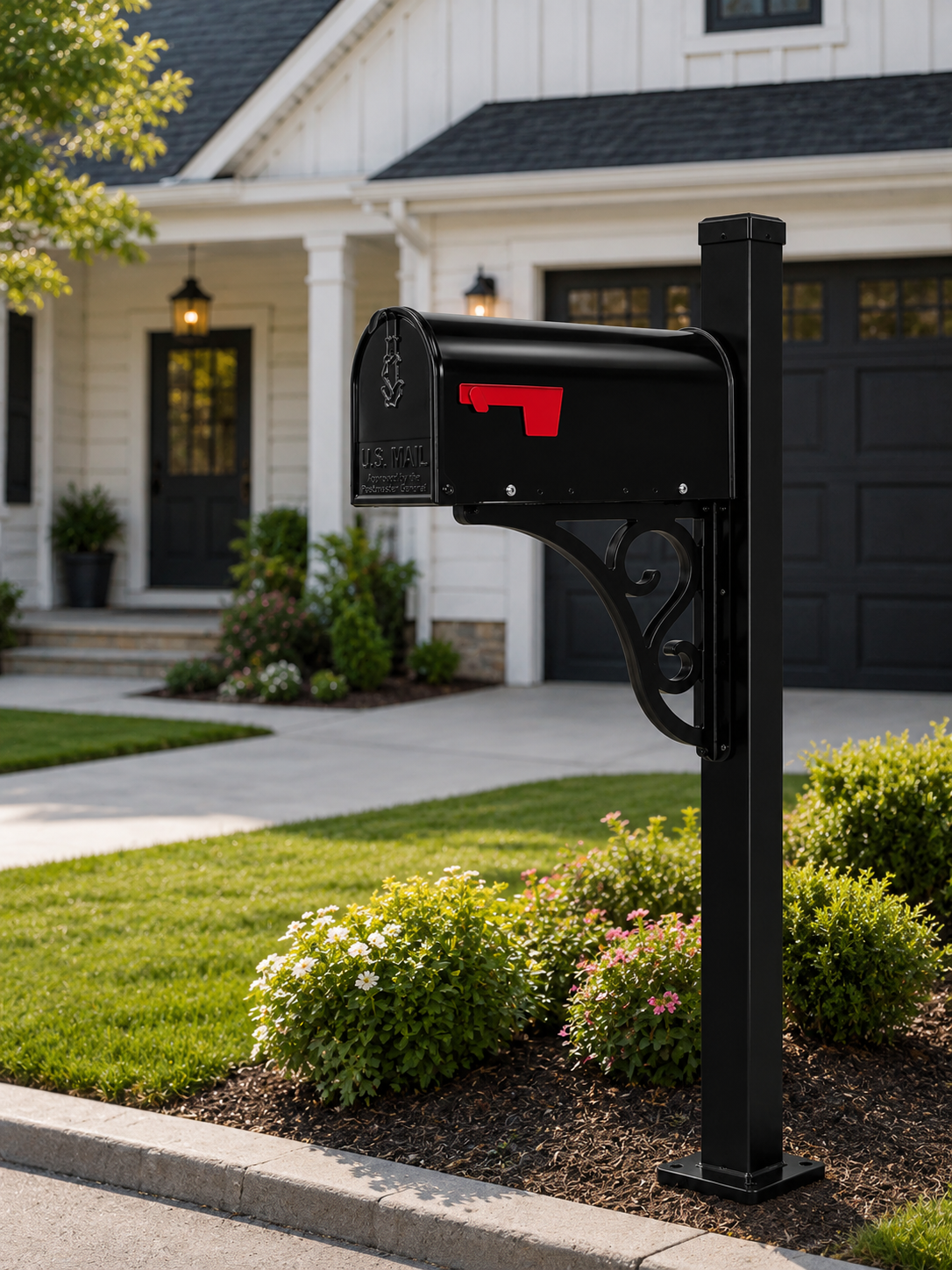 Custom Steel Mailbox Post with Mailbox Included – 3" x 3" Square Steel Tubing, Black Powder Coat Finish, Decorative Scroll Brackets, Surface Mount Base Plate, Made in USA