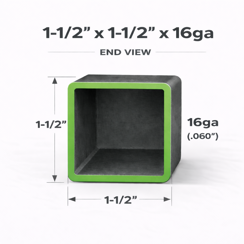 End view of Square Steel Tubing measuring 1-1/2" x 1-1/2" x 16ga (0.065") with dimensions labeled.