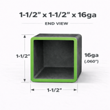 End view of Square Steel Tubing measuring 1-1/2" x 1-1/2" x 16ga (0.065") with dimensions labeled.