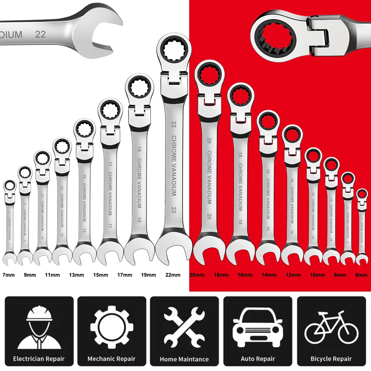12-Piece Flex Head Ratcheting Wrench Set – Metric Combination Spanner Set 8mm–19mm with Storage Roll