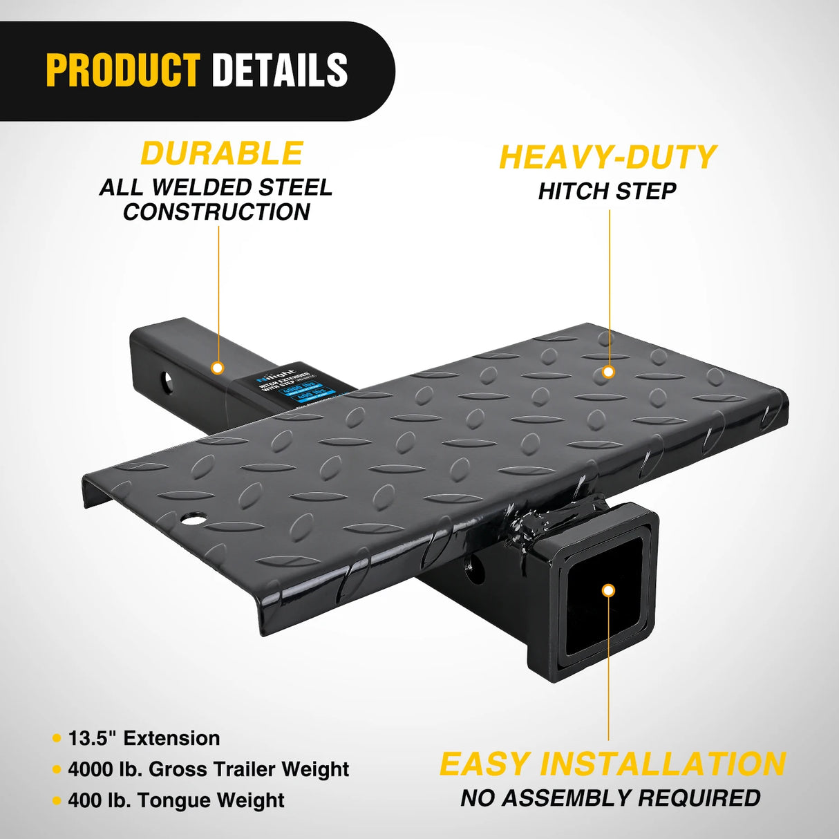 2" Receiver Hitch Extender with 14" x 7" Anti-Slip Step – 4,000 lb