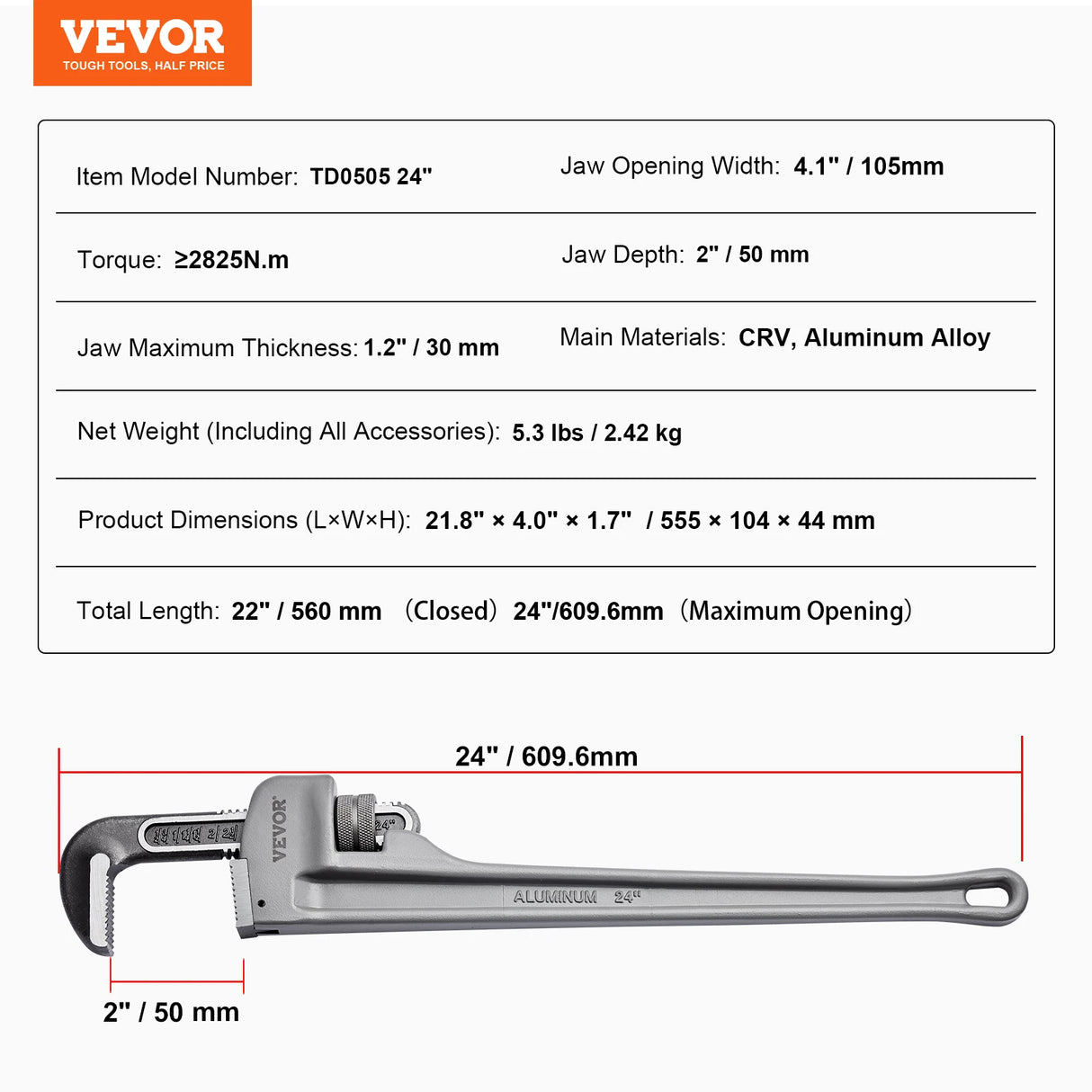 Aluminum Straight Pipe Wrench | Heavy-Duty Adjustable Plumbing Wrench
