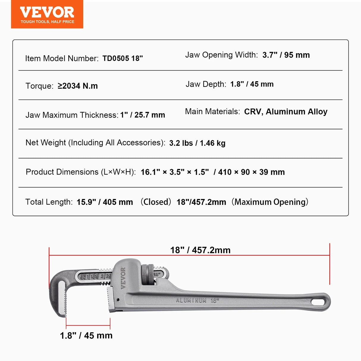 Aluminum Straight Pipe Wrench | Heavy-Duty Adjustable Plumbing Wrench