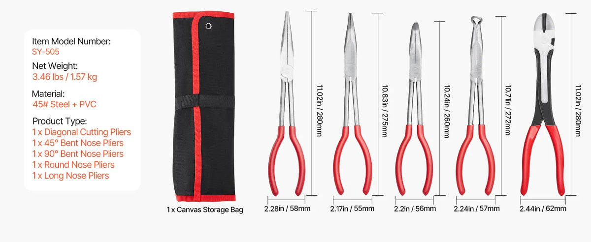 5-Piece Long Reach Precision Pliers Set – Needle Nose, Bent Nose & Cutting Pliers