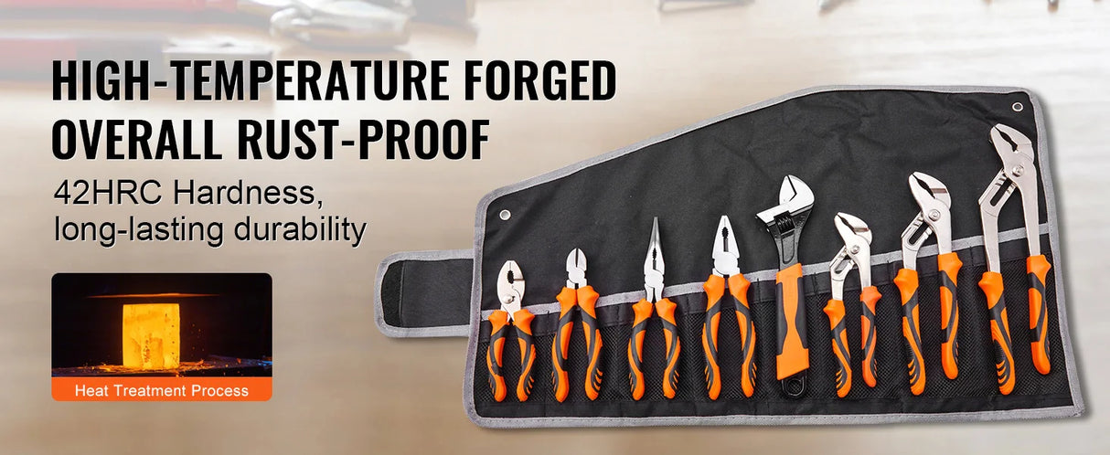 8-Piece Professional Pliers Set with Storage Roll | Groove Joint, Lineman's, Long Nose & Adjustable Wrenches
