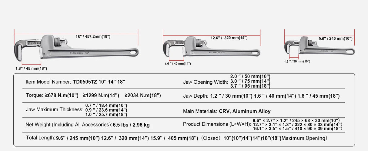 Aluminum Straight Pipe Wrench | Heavy-Duty Adjustable Plumbing Wrench