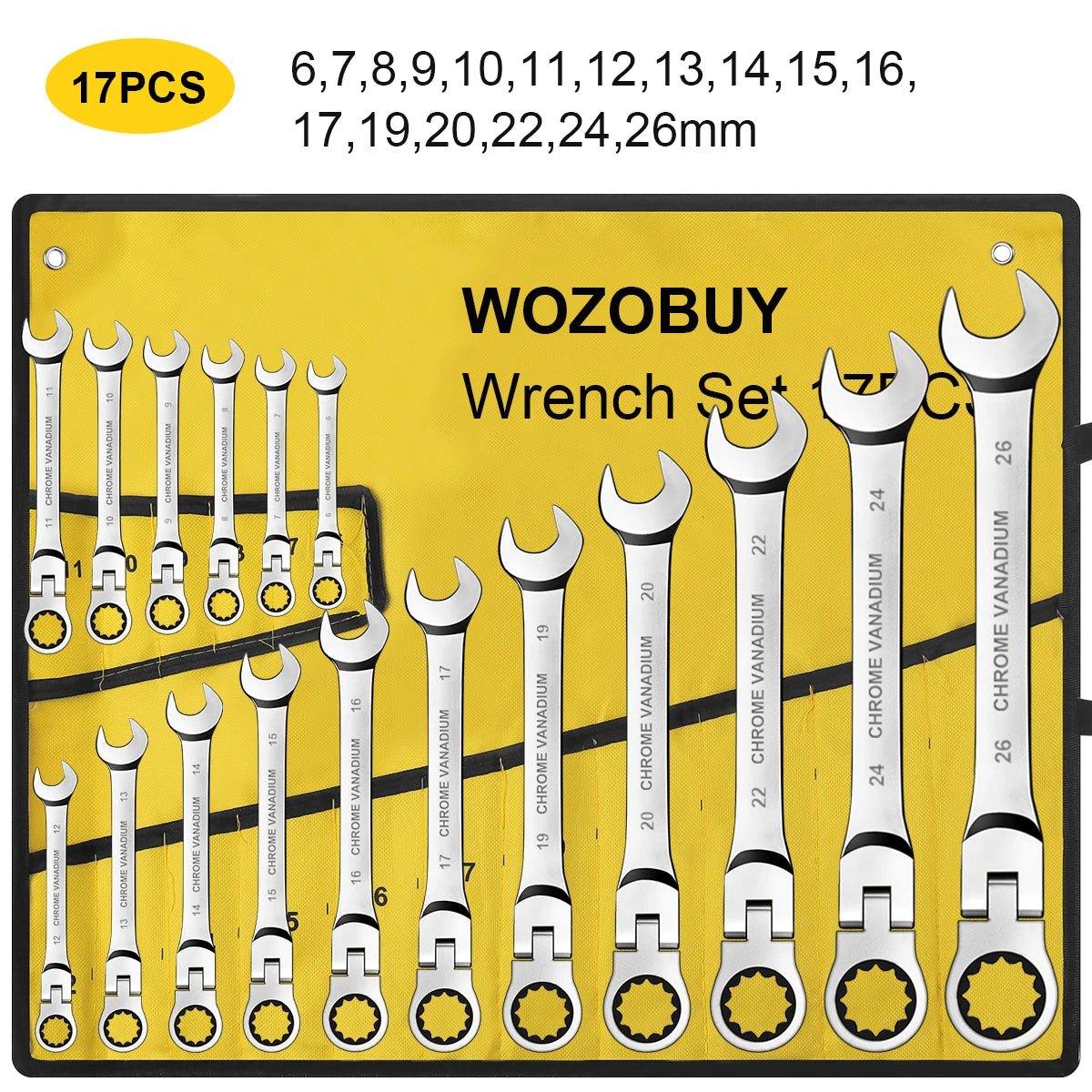 12-Piece Flex Head Ratcheting Wrench Set – Metric Combination Spanner Set 8mm–19mm with Storage Roll