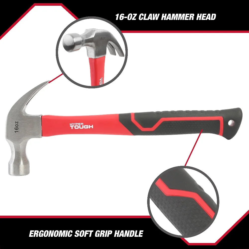 16 oz Professional Claw Hammer – Fiberglass Handle with Shock-Absorbing Grip