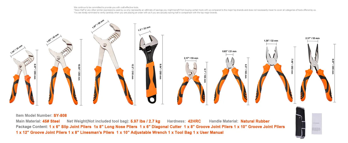 8-Piece Professional Pliers Set with Storage Roll | Groove Joint, Lineman's, Long Nose & Adjustable Wrenches