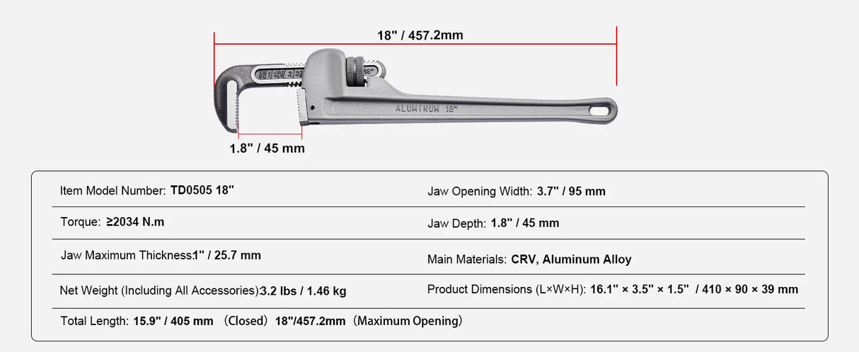 Aluminum Straight Pipe Wrench | Heavy-Duty Adjustable Plumbing Wrench