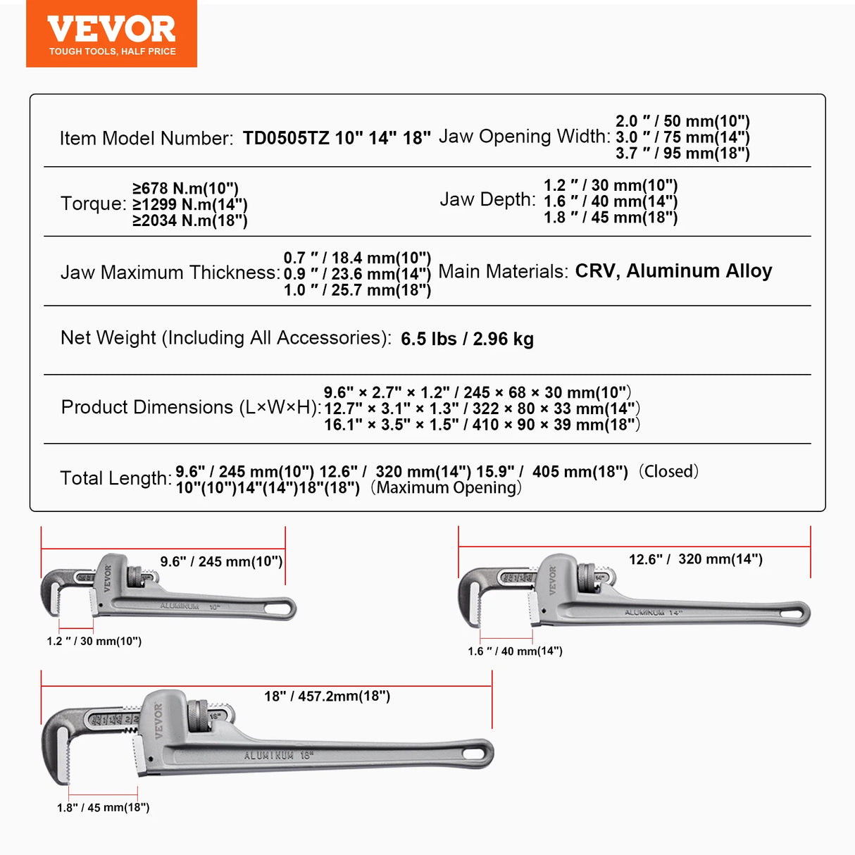 Aluminum Straight Pipe Wrench | Heavy-Duty Adjustable Plumbing Wrench