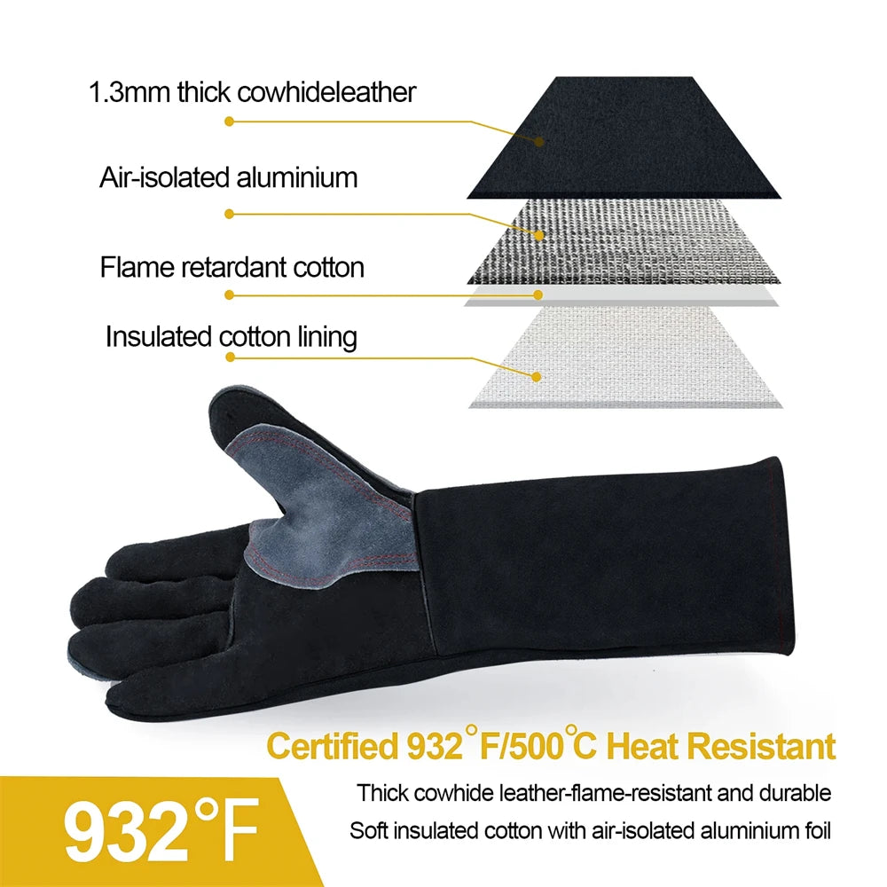 14" Premium Leather Welding Gloves – Heat Resistant TIG, MIG, ARC & BBQ Protective Gloves
