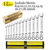 12-Piece Flex Head Ratcheting Wrench Set – Metric Combination Spanner Set 8mm–19mm with Storage Roll