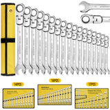 12-Piece Flex Head Ratcheting Wrench Set – Metric Combination Spanner Set 8mm–19mm with Storage Roll