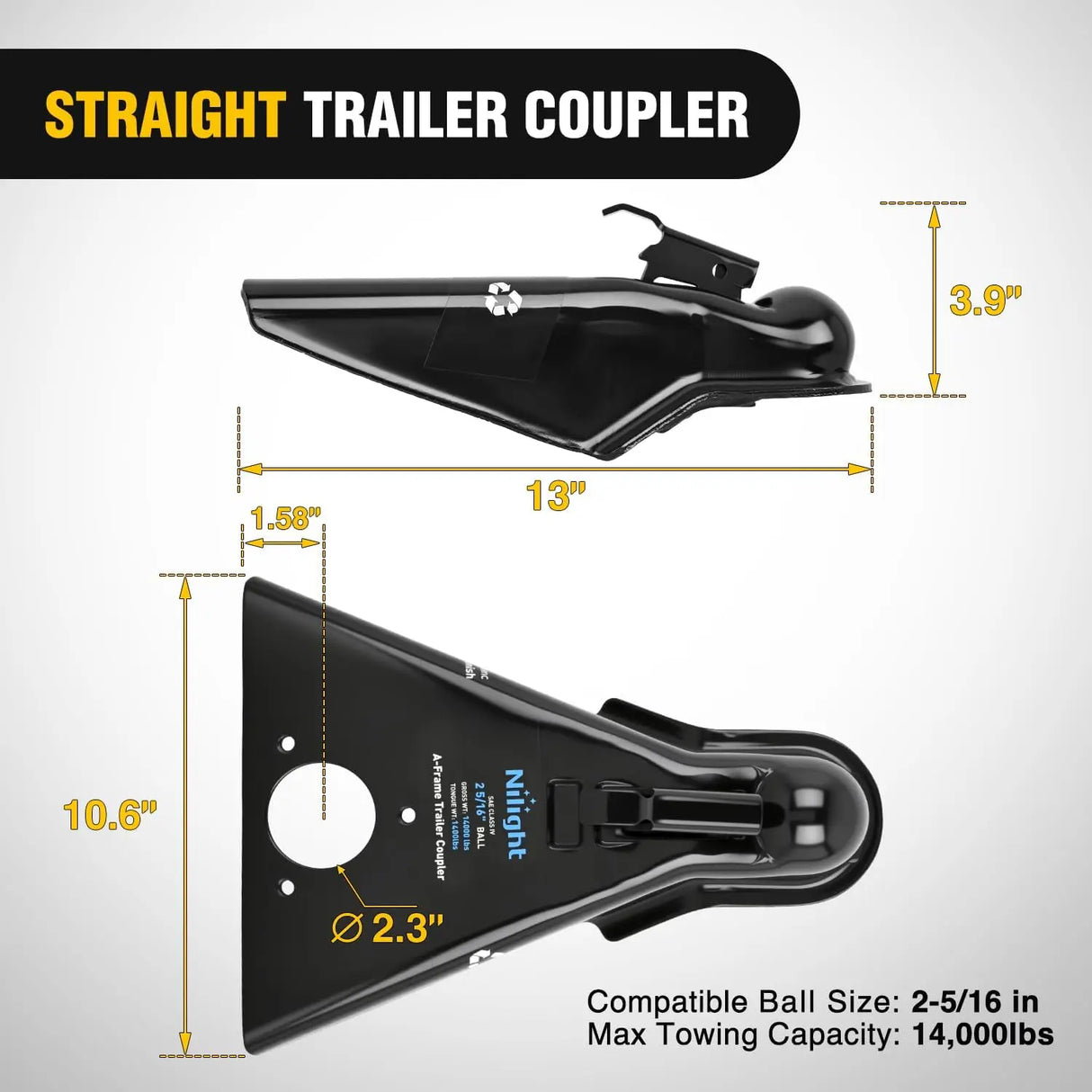 14,000 lb A-Frame Trailer Coupler – 2-5/16" Hitch Ball, Heavy-Duty Steel