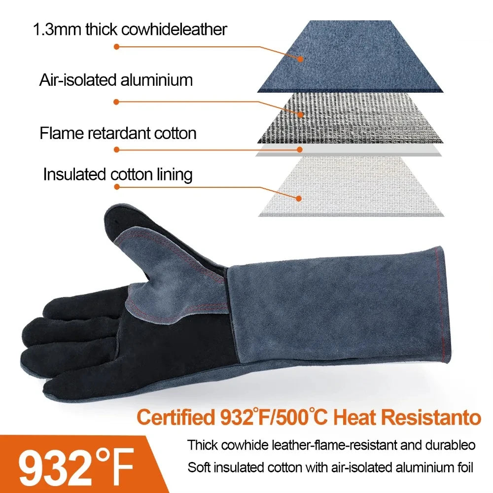 14" Premium Leather Welding Gloves – Heat Resistant TIG, MIG, ARC & BBQ Protective Gloves