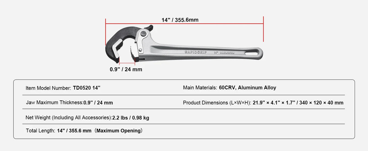 Aluminum Straight Pipe Wrench | Heavy-Duty Adjustable Plumbing Wrench