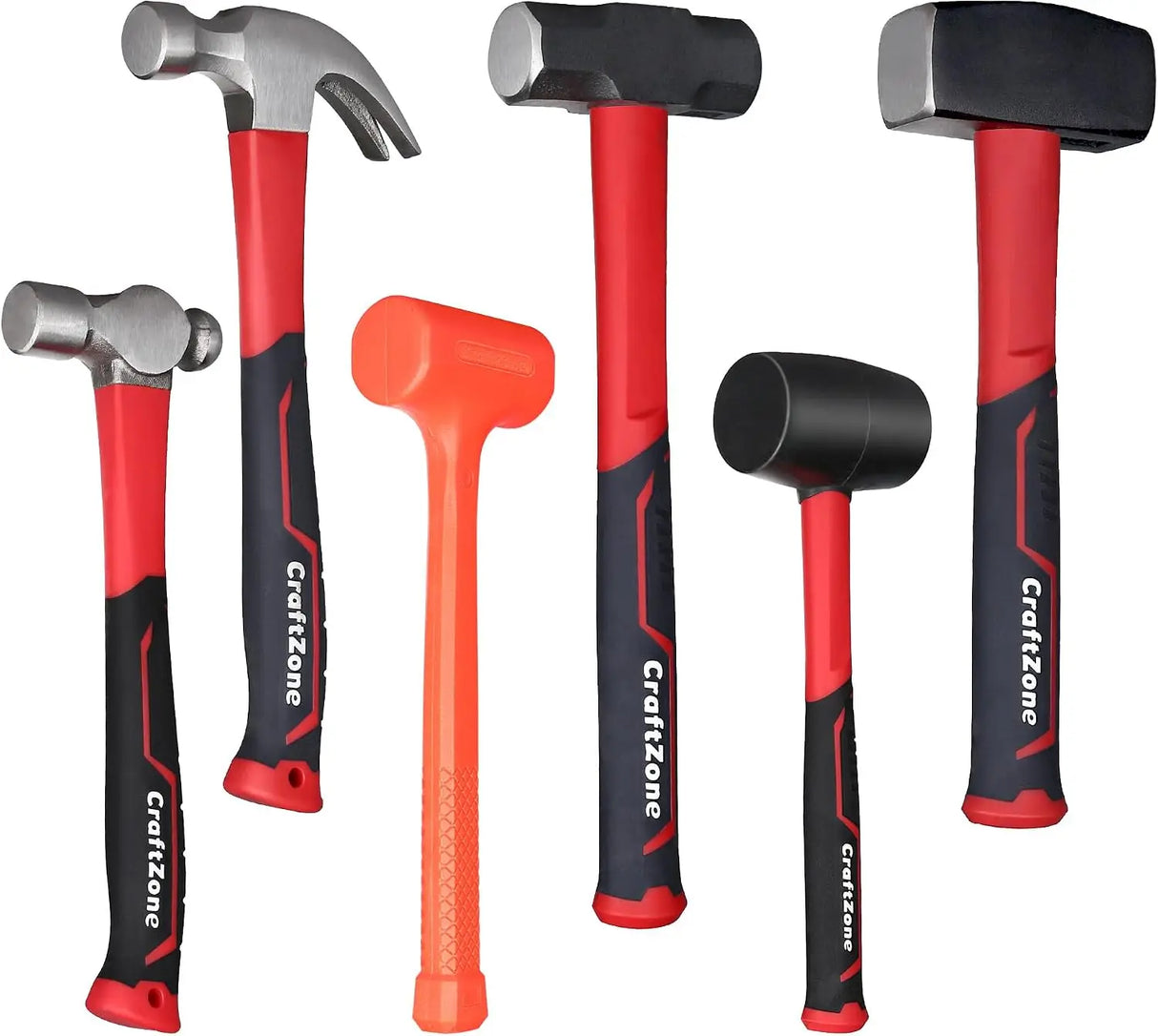 6-Piece Hammer Set – Dead Blow, Sledge, Ball Peen, Claw & Rubber Mallet with Fiberglass Handles