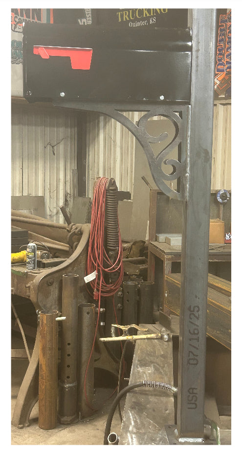 Custom Steel Mailbox Post with Mailbox Included – 3" x 3" Square Steel Tubing, Black Powder Coat Finish, Decorative Scroll Brackets, Surface Mount Base Plate, Made in USA
