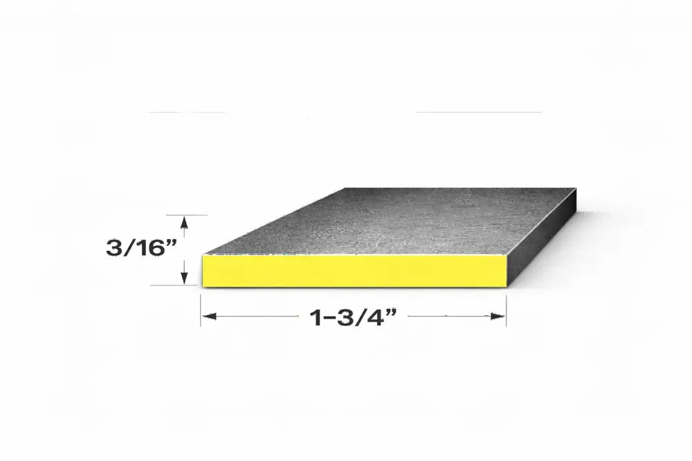 End view of flat bar measuring 3/16" x 1-3/4", highlighting dimensions for steel bar projects.