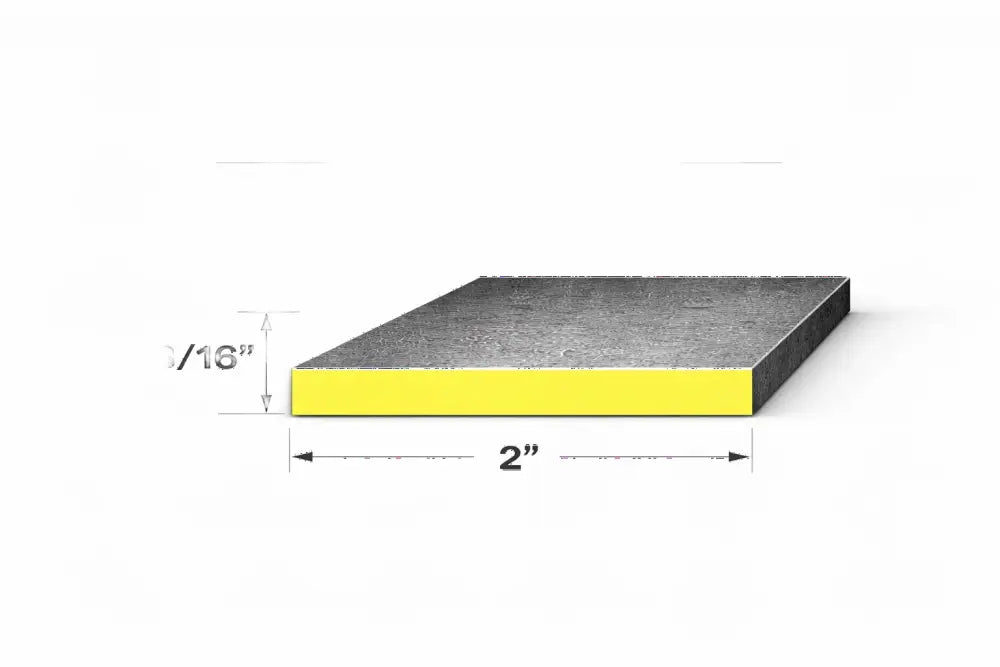 Flat bar 3/16" x 2" end view showing dimensions and steel material, suitable for various applications.