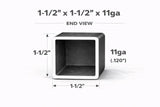 End view of square steel tubing measuring 1-1/2" x 1-1/2" x 11ga, showcasing dimensions and wall thickness.