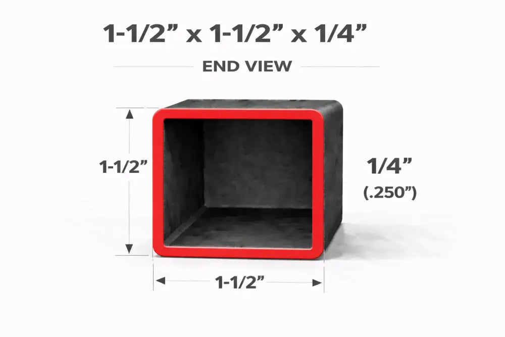 Square Steel Tubing 1-1/2" x 1-1/2" x 1/4" end view showing dimensions and structural features.