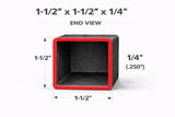 Square Steel Tubing 1-1/2" x 1-1/2" x 1/4" end view showing dimensions and structural features.