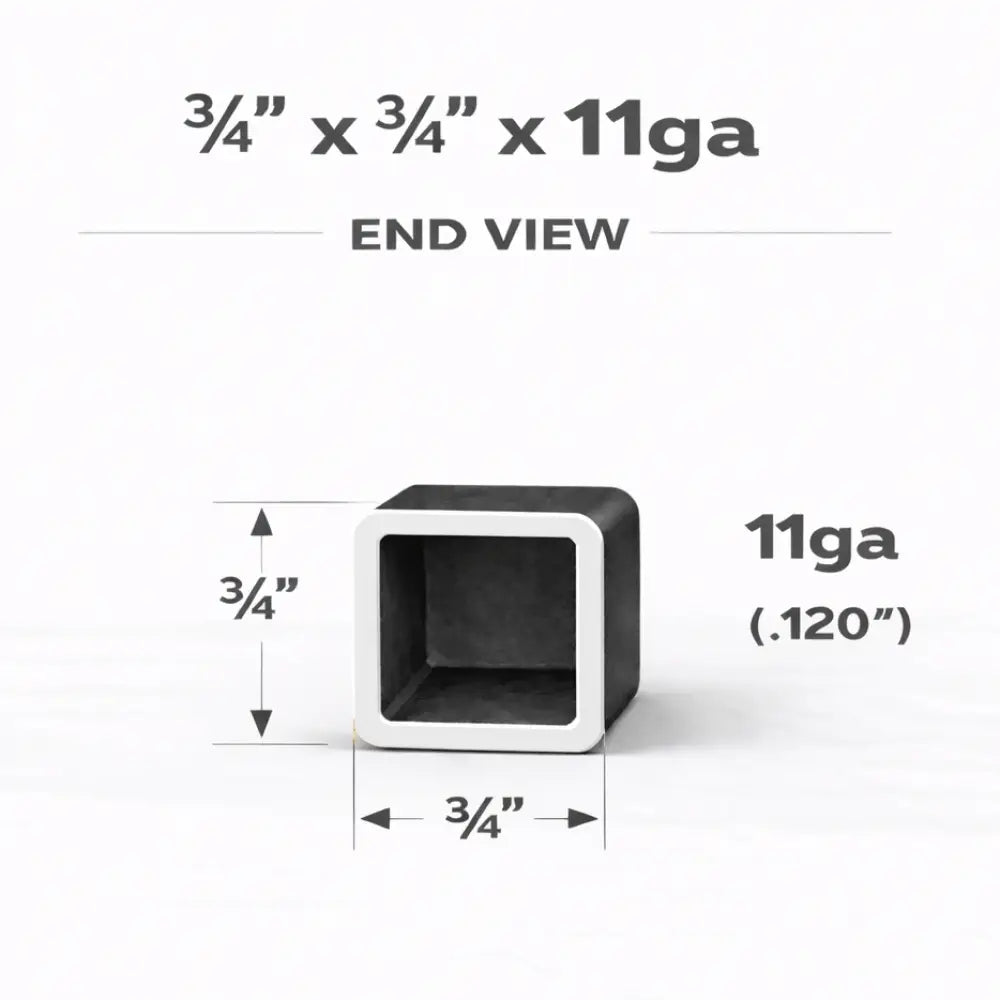 Square Steel Tubing end view showing dimensions 3/4" x 3/4" x 11ga (0.120"). Ideal for structural applications.