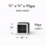 Square Steel Tubing end view showing dimensions 3/4" x 3/4" x 11ga (0.120"). Ideal for structural applications.