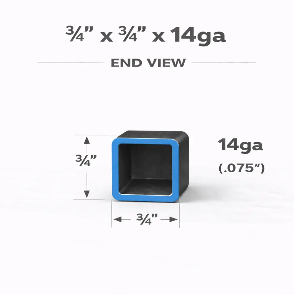 Square Steel Tubing showing end view dimensions of 3/4" x 3/4" x 14ga (0.083"), suitable for structural applications.