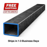 Square steel tubing 14ga (0.083") wall steel tubing with blue edge, ideal for construction and fabrication.