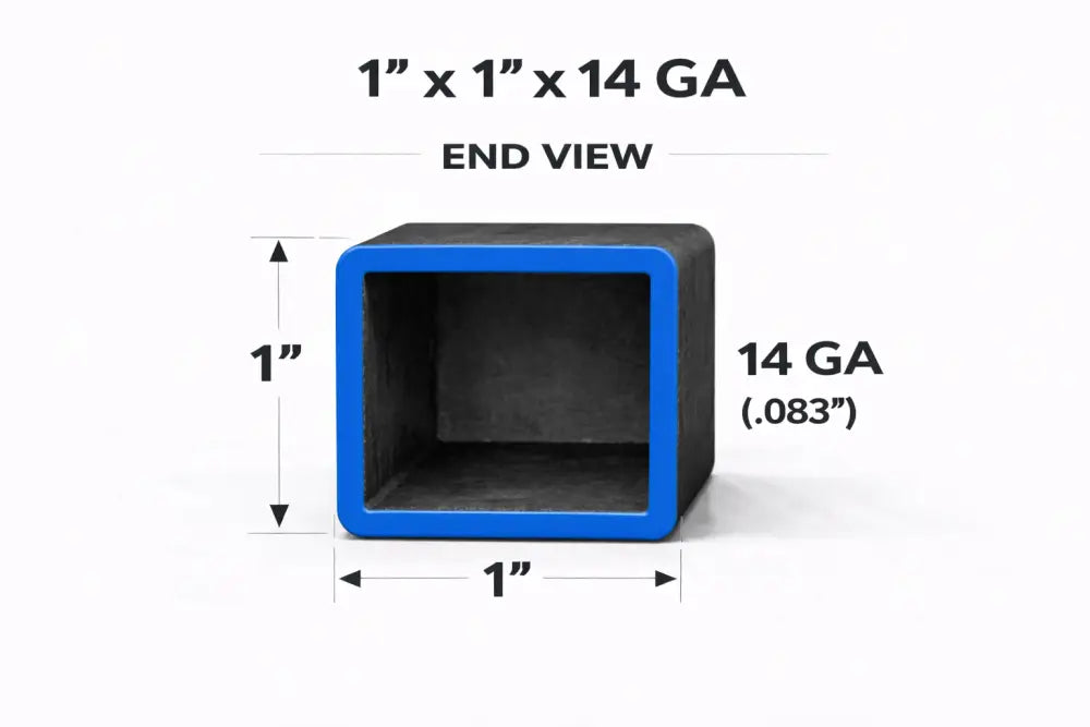 End view of 1" x 1" x 14ga (0.083") square tubing showing dimensions.