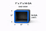 End view of 1" x 1" x 14ga (0.083") square tubing showing dimensions.