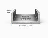 Steel Channel- 2-1/2’’ x 5/8’’ x 3/16’’(0.188’’) - Select Length - 2-1/2x5/8