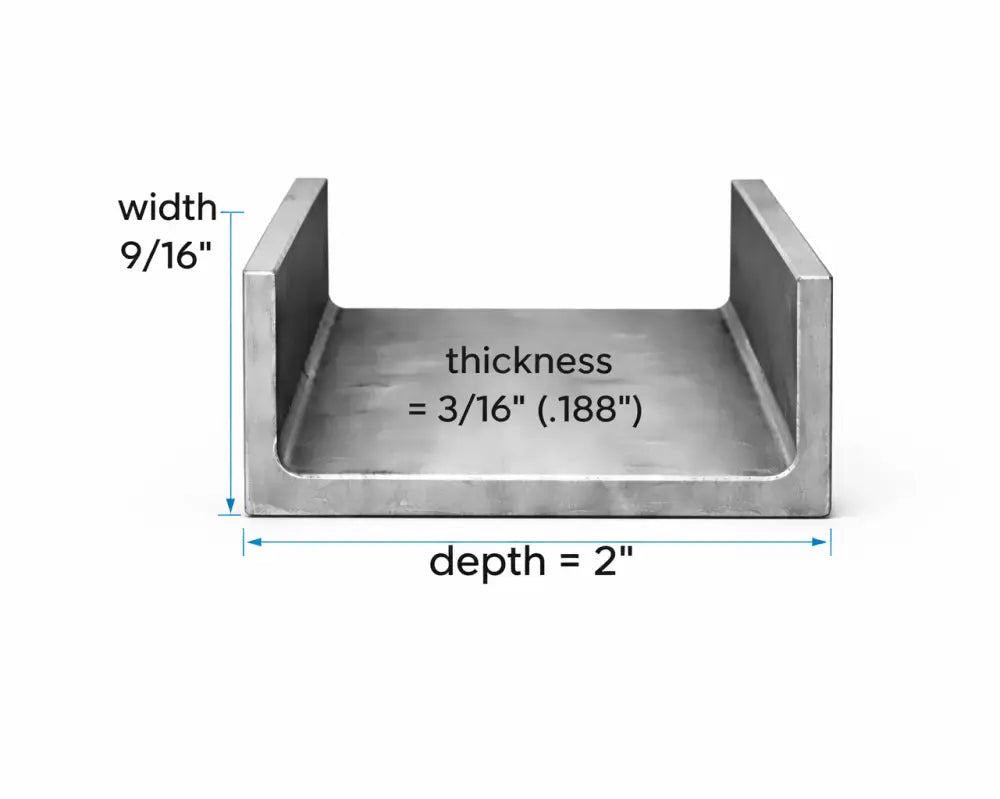 Steel Channel- 2’’ x 9/16’’ x 3/16’’(0.188’’) - Select Length - 2 x 9/16