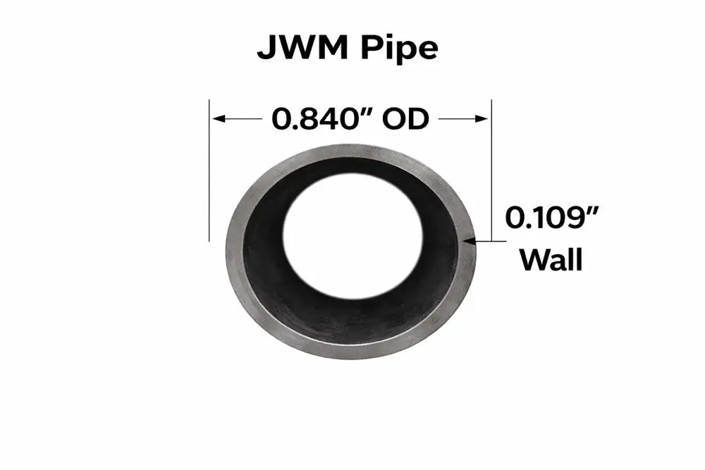 JWM Pipe with dimensions, featuring 0.840" OD and 0.109" wall, showcasing the sturdy design of steel pipe.