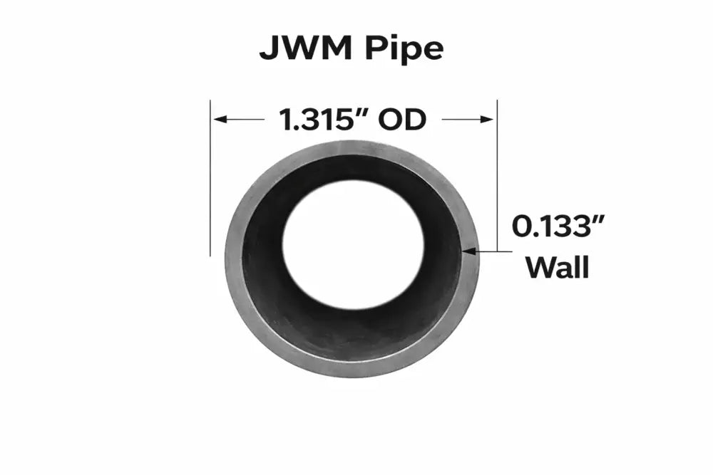 JWM Pipe displaying dimensions: 1.315" OD and 0.133" wall thickness for steel pipe applications.