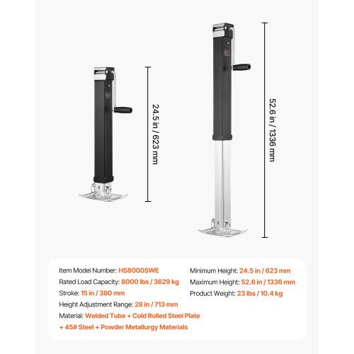 8000 lb Trailer Jack – 28 in Lift, 15 in Travel