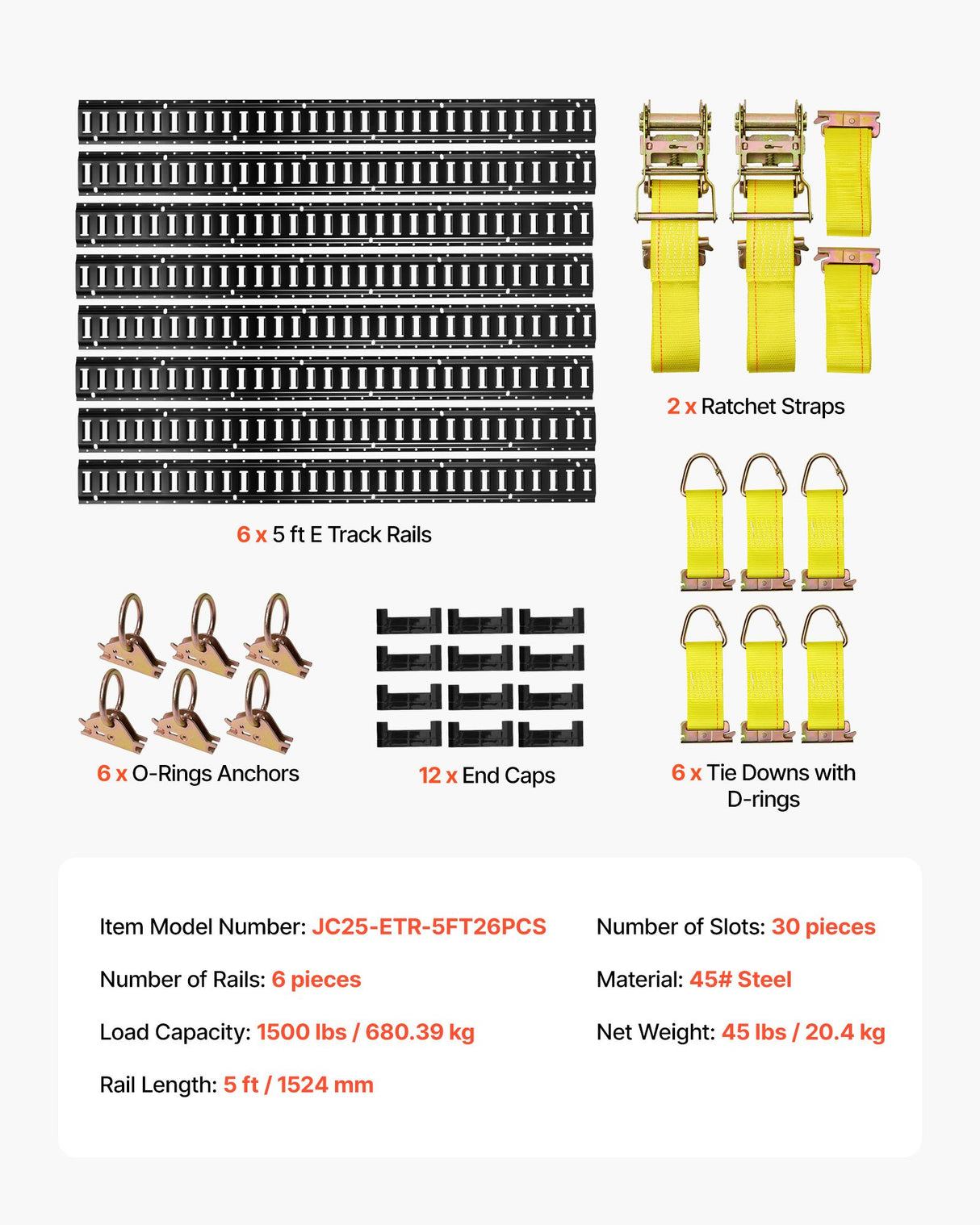 Black E Track Rails – 6 Pack, 5 Ft, 26 Pcs Steel