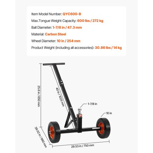 Trailer Mover Dolly – 600 lbs, 1-7/8" Ball, 10" Tires