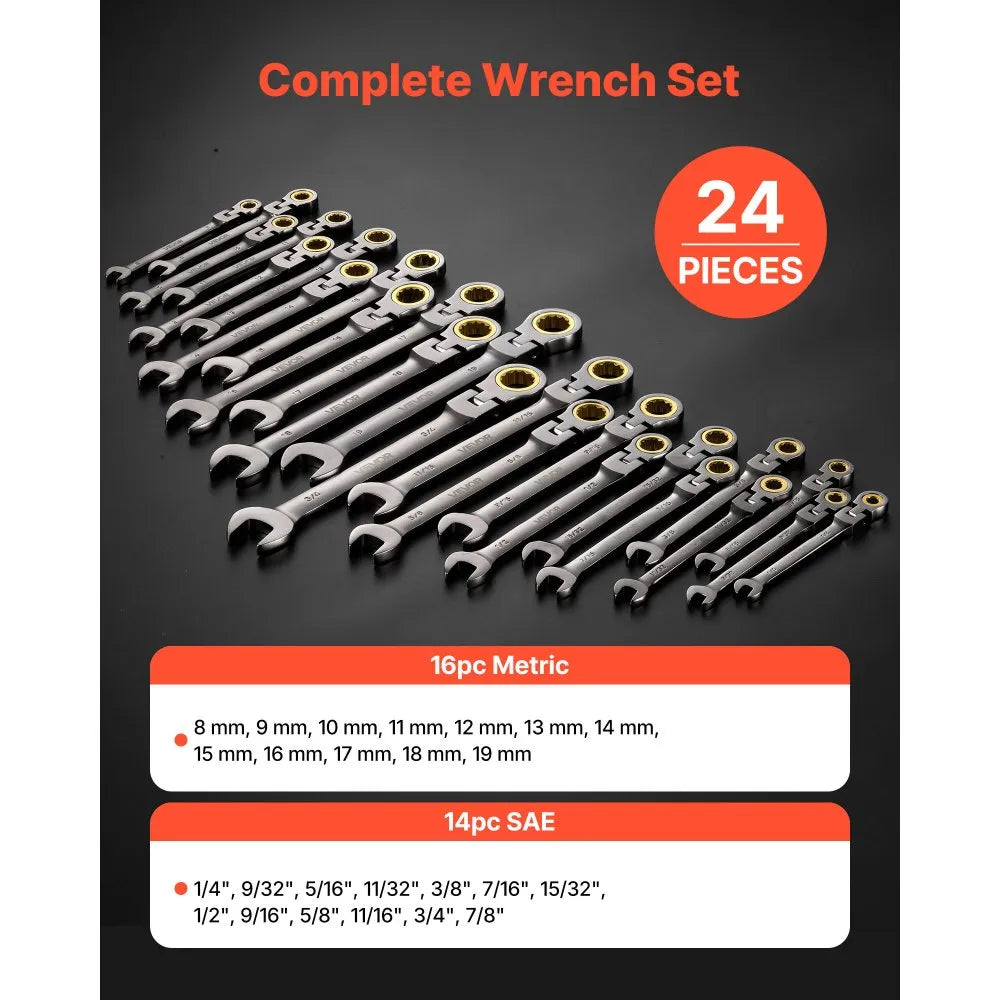 VEVOR Flex-Head Ratcheting Wrench Set JH0024-2 24-Piece Gray Nickel