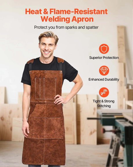 Premium Cowhide Leather Welding Apron – Heat & Flame Resistant with 6 Tool Pockets for Welding, Blacksmithing & Shop Work