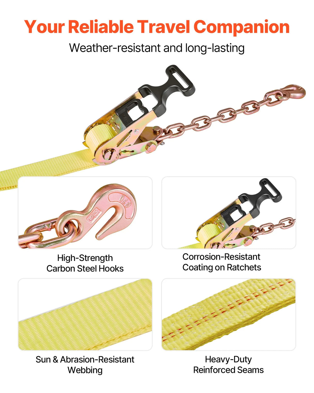 2" Heavy-Duty Car Trailer Tie-Down Straps – 4 Pack – 3,333 lb Working Load