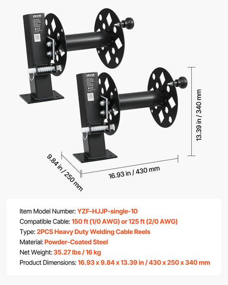 VEVOR Heavy-Duty Welding Cable Reel Set | Dual Powder-Coated Steel Cable Reels | Holds 150 ft 1/0 or 125 ft 2/0 Cable | 2-Pack